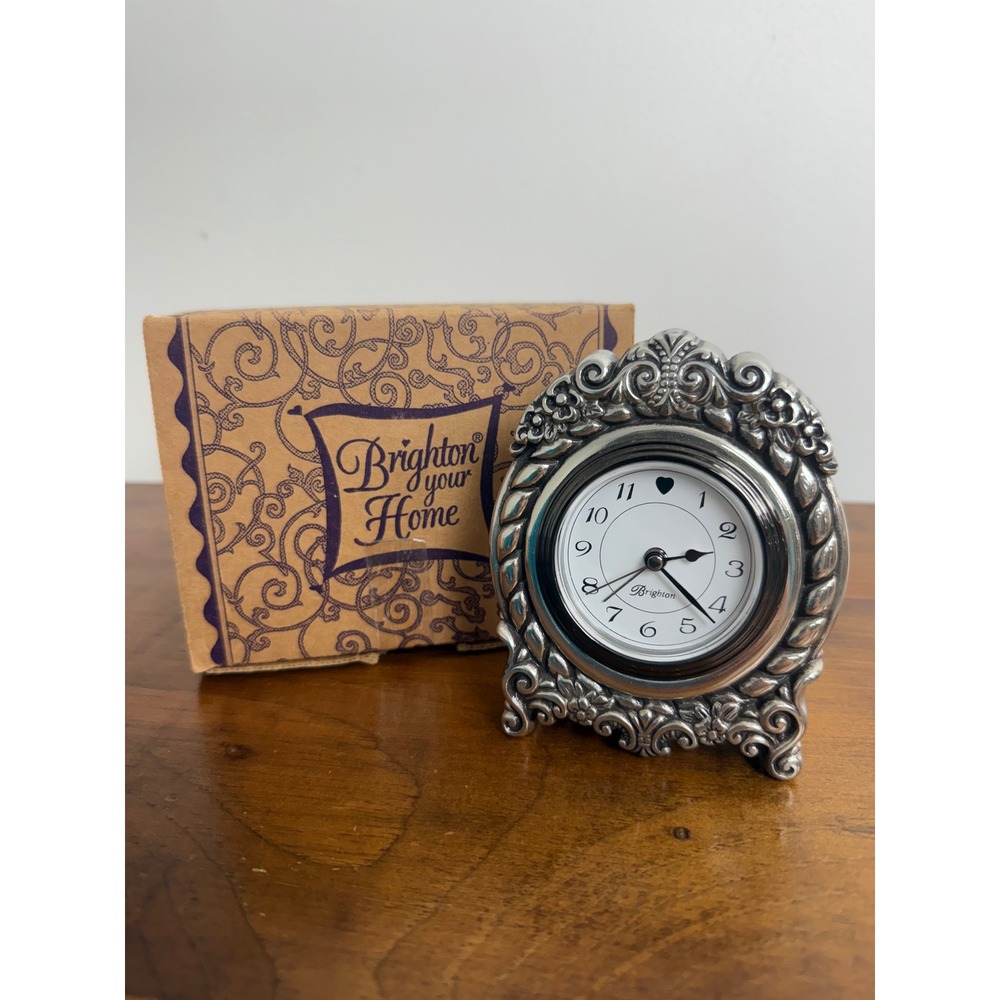 Brighton Your Home Silver Tone Ornate Scroll Heart Desk Clock with Box & Pouch